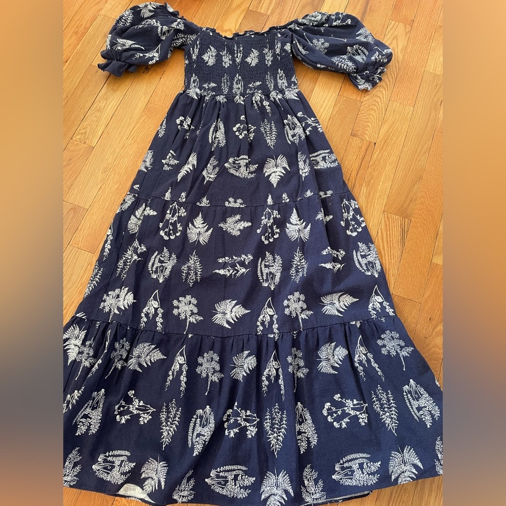 Tuckernuck Navy Blue and White Floral Off-Shoulder Maxi Dress